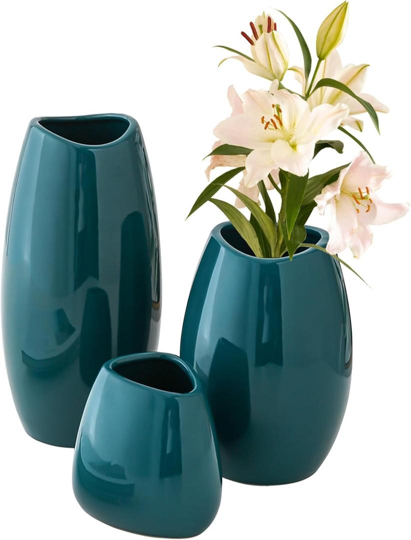 Ceramic Vase Set of 3 PCS Flower Pots for Home Decor, Modern Decorative for Flowers Vases for Your Ideal Table Decor, Living, Room, Kitchen, Office- Copper Green