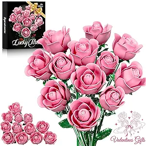 XGSHJ Pink Rose Bouquet Building Set for Girls & Boys  12 Pack Botanical Collection Gift for Easter Basket Artificial Flowers Botanical Collection Centerpiece Retro Decor
