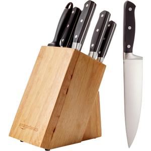 Amazon Basics 9-Piece High-Carbon Stainless Steel Kitchen Knife Set with Ergonomic Handles, Full Tang Construction, Pine Wood Block, Black