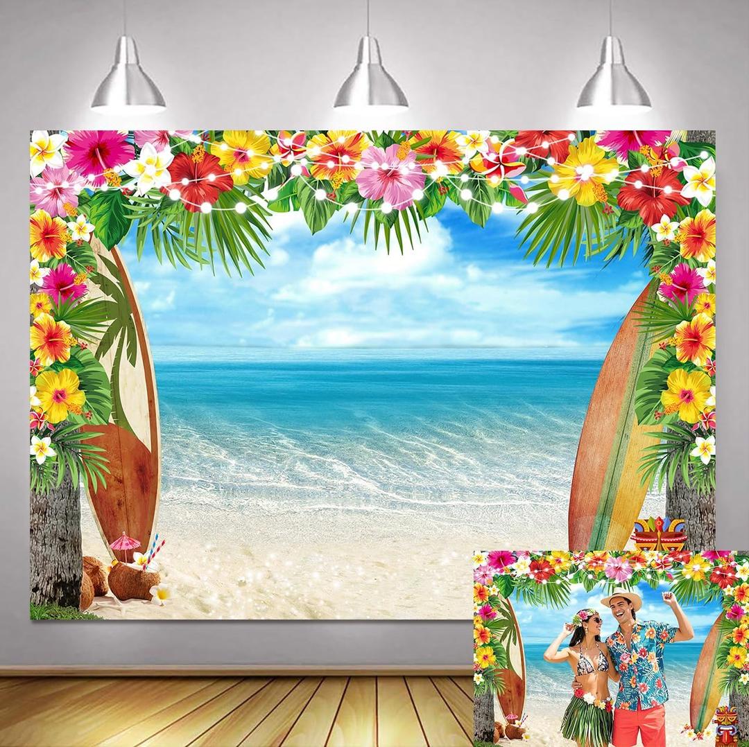 7x5ft Summer Hawaiian Beach Backdrop Tropical Flower Palm Leaves Surfboard Photography Background Hawaiian Party Decorations Banner Aloha Luau Theme Party Supplies Photo Shoot