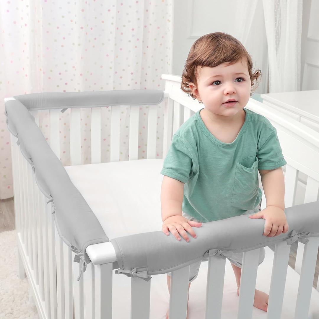 Gray 3pcs New Teething Edge Crib Rail Cover&Corner Guard Coverage Straps,Reversible Guardrail Cover Protector for Boys Girls(1 Long 2 Short) (Grey)