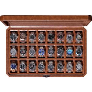 ROTHWELL 24 Slot Watch Case with Lock Luxury Watch Box to Display and Organize Your Collection | Real Glass Top | Premium Storage for Collectors (Tan/Brown)