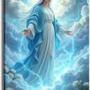 Framed Virgin Mary Wall Art Religious Christian Canvas Painting Blue Mother Surrounded by Clouds Spiritual Poster Print Picture for Living Room Prayer Room or Church 12X16In