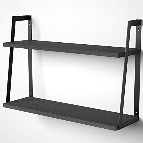 SRIWATANA Black 2-Tier Floating Wall Shelves, Rustic Wood Storage Shelf Set | Sturdy Rustic Wood Organizers, Easy-Mount Wall Shelves to Display Art, Books, Plants, Home Decor