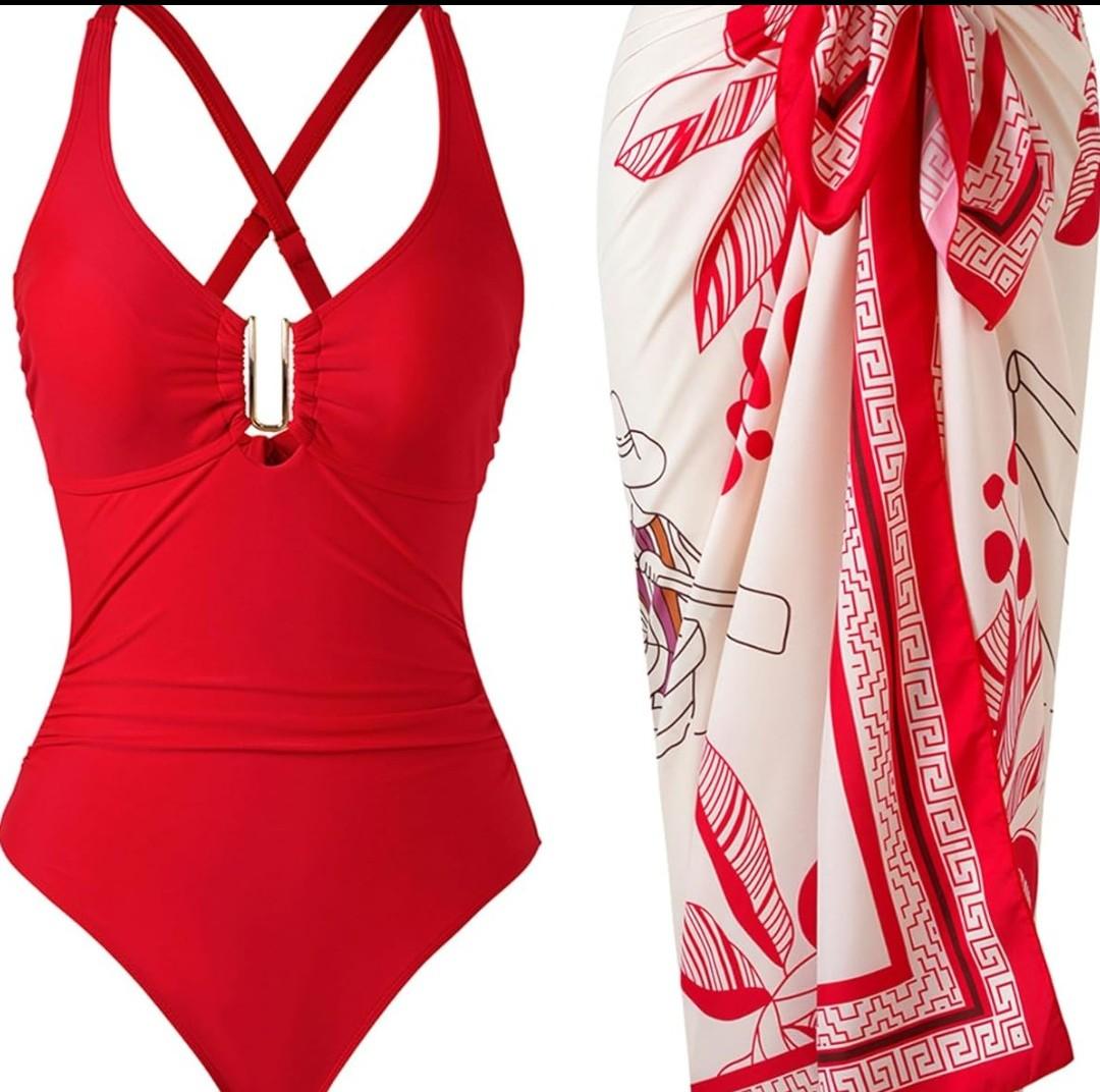 BAWHAHT One Piece Swimsuit Women with Cover Up Set Retro Bathing Suit for Women Tummy Control Beach Wrap Skirt Green No size