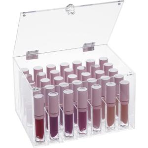 Large Clear Acrylic Lipstick Organizer and Lip Gloss Holder with 35 Compartments and Lid (7.8 x 5.8 x 4.4 Inch) - Makeup Organizer - Lipstick Holder