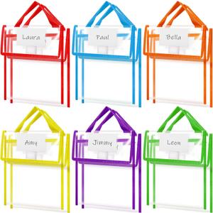 Teling Thick Clear Book Pouches with Blank Name Tags and Handles Book Bags Organizer for School Classroom Library Pockets Students (10 x 12 Inch,Bright Color,12 Pack)