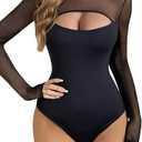 Aranmei Women’s Sexy Mock Turtle Neck Long Sleeve Shirts Sheer Mesh Cutout Trendy Going Out Bodysuits Tops, XS