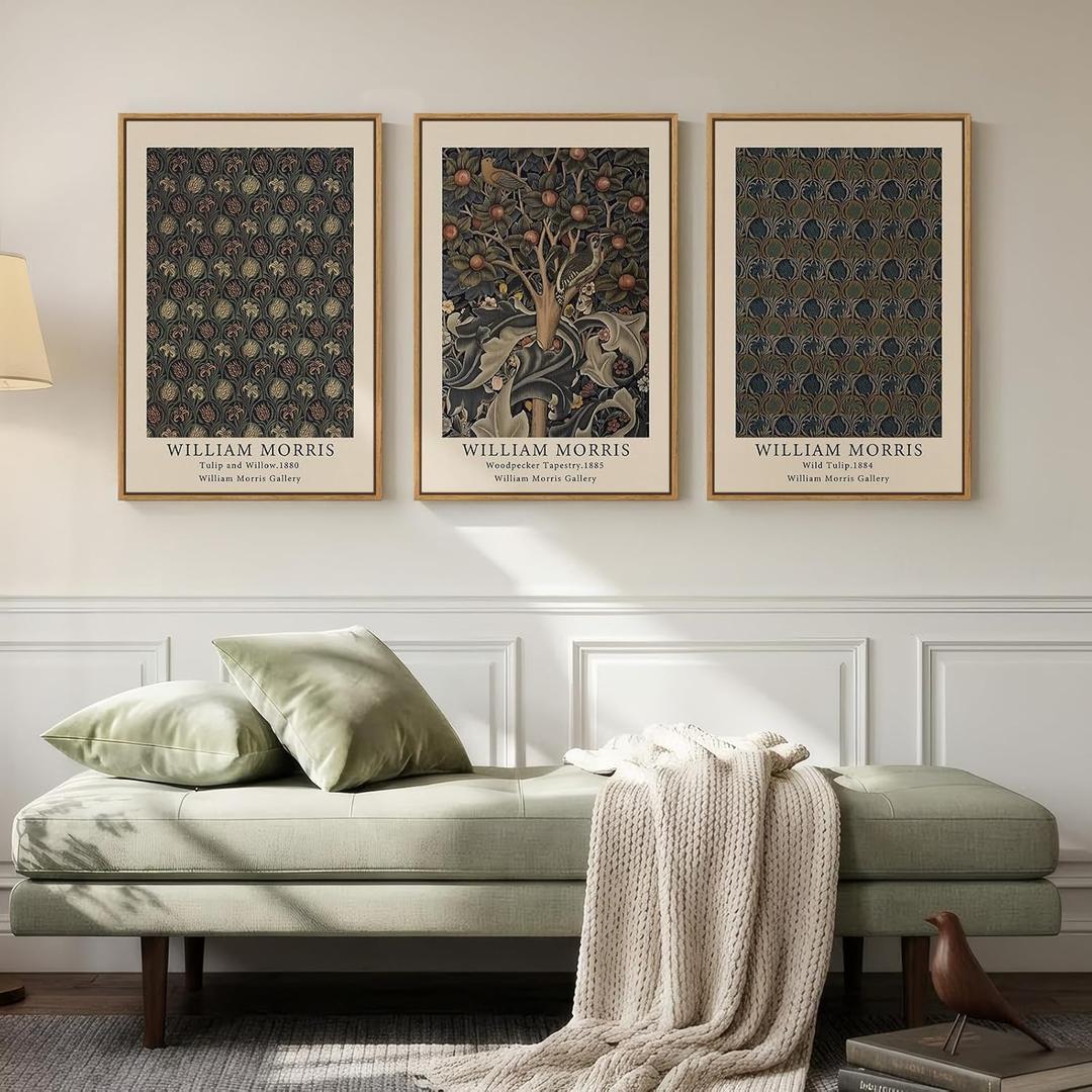 Framed Vintage William Morris Botanical Floral Canvas Wall Art, 3 Piece, 20"W x 30" H x 3Pcs