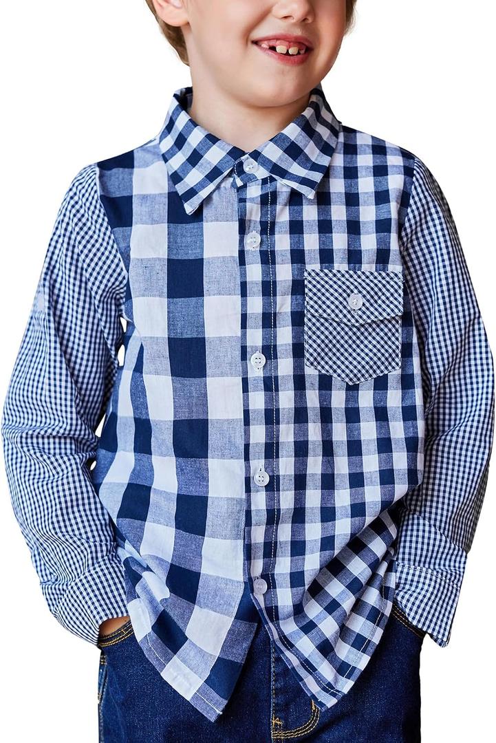 Arshiner Boy's Plaid Button Down Shirt Long Sleeve Roll Up Casual Shirts with Pocket 6-7 Years