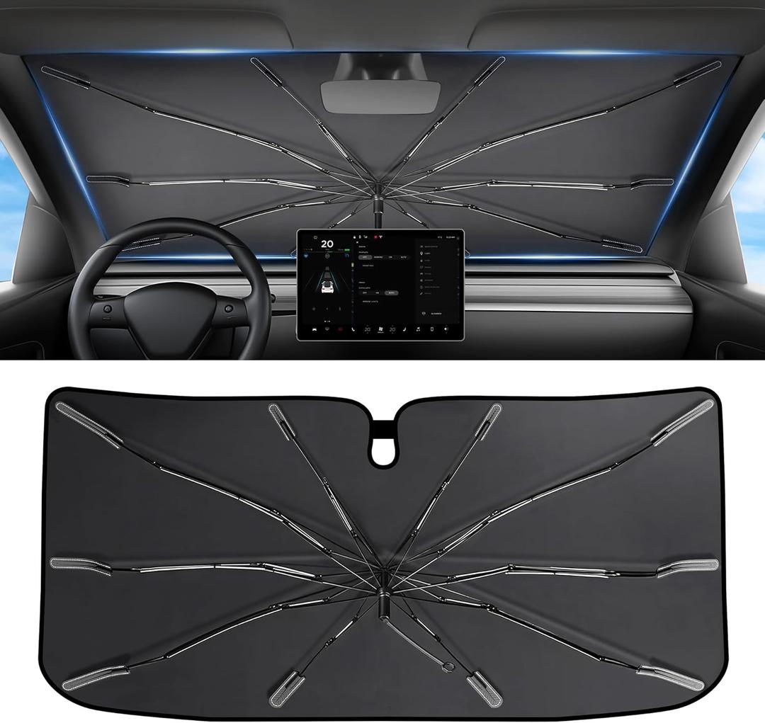 2026 Upgraded Windshield Sun Shade Umbrella [7-Layer Vinyl Coating Heat Shield] Foldable Front Window Sunshade Umbrella Flexible Handle Protect Interior from UV Keep Car Cooler (61" x 34.5")