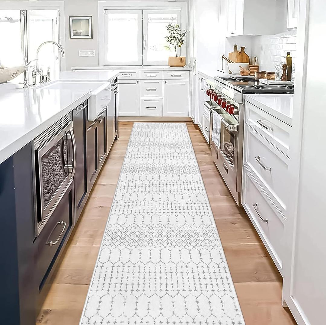 Lahome Moroccan Kitchen Runner Rugs Non Skid Washable - 2'x10' Non-Slip Extra Long Rug Runner for Hallways, Modern Geometric Print White Soft Floor Carpet for Bathroom Entryway Foyer