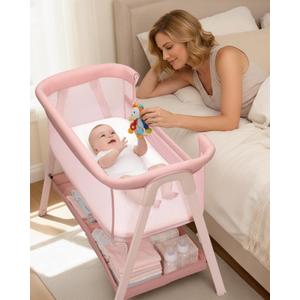 JevrJeur Baby Bassinet, Bedside Bassinet for Baby, Pink | Bassinet Bedside Sleeper with Mattress, Storage Basket and 4 Auto-Lock Wheels, Full-Mesh Sides, Bedside Mini Crib for Newborn