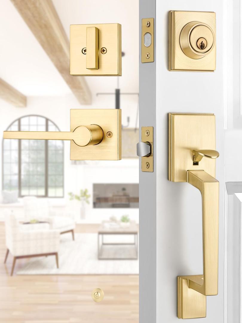 EHOMEWARE Gold Front Door Handle Set, Brass Heavy Duty Square Door Lever & Single Cylinder Deadbolt Combo Reversible for Entrance Exterior Doors 1 Set