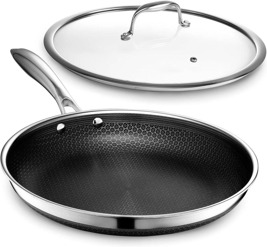 HexClad Hybrid Nonstick 12-Inch Frying Pan with Tempered Glass Lid, Stay-Cool Handle, Dishwasher-Friendly, Oven-Safe Up to 900F, Induction Ready, Compatible with All Cooktops