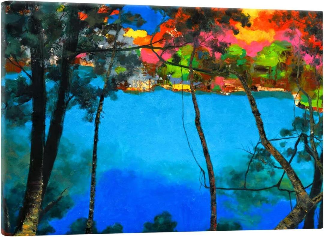 PHOENIX Modern Impressionisti Wall Art Decor Framed Canvas Dreamy Surreal Forest Lake Landscape Bold Saturated Blue Hues for Offices, Studio, Living/Game Room 12X16 Inch