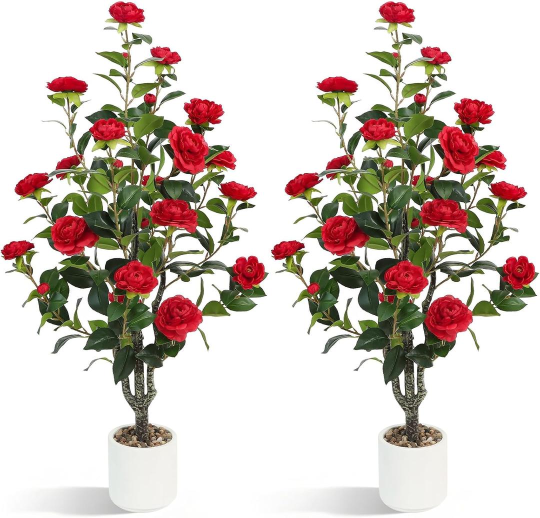 UPBUD Artificial Camellia Tree 2 Pack, 3.3FT Fake Camellia Plant with 30 Blooming Red Flowers & Planter, Tall Faux Floral Trees Lifelike Plants for for Indoor Outdoor Home Living Room Porch Decor