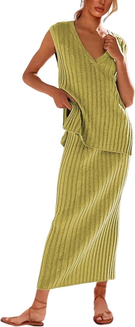 SCUSTY Women's 2 Piece Sweater Skirt Sets Sleeveless V Neck Knit Ribbed Vest Tops Midi Skirt (Lemonyellow, X-small)