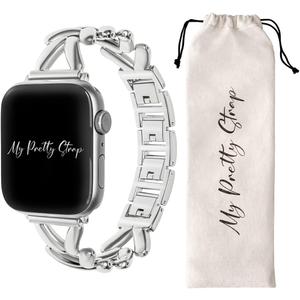 My Pretty Strap - Compatible Apple Watch Band Strap, Stainless Steel Fashion iWatch Replacement Strap- Easy Resizing, No Tool Needed, Fits Most Wrists- Series 1-11, SE and Ultra (44MM / 45MM / 46MM / 49MM / (Series 1-3 - 42MM), Ariel Silver)