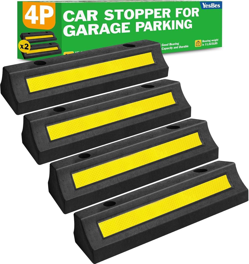 4 Pack Garage Parking Aid, 16.9'' Parking Stopper for Garage, Car Truck Curb Floor Parking Lot Wheel Tire Stops Bumpers with Reflective Yellow, Parking Gadgets Protects Garage Walls and Car