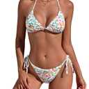 Wiepux Women's Floral Printed Sexy 2 Piece Halter Bikini Set Textured Tie (Blue, S)