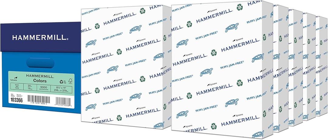 Hammermill Colored Paper, 20 lb Green Printer Paper, 8.5 x 11-10 Ream (5,000 Sheets) - Made in the USA, Pastel Paper, 103366C