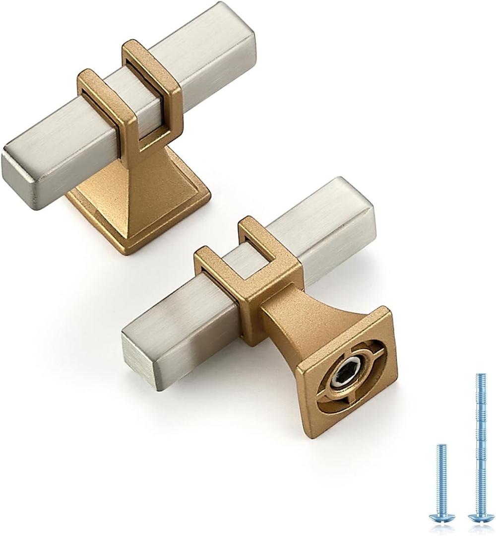 10 Pack 2 inch Brushed Nickel&Gold Cabinet Handles Square Zinc-Alloy Pulls for Kitchen Dresser Closet and Bathroom Cabinets Hardware (Single Hole)