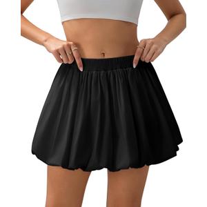 SCKTOO Women's Bubble Skirts Elastic High Waisted A Line Ruffle Casual Mini Skirt with Shorts Underneath (Black, S)