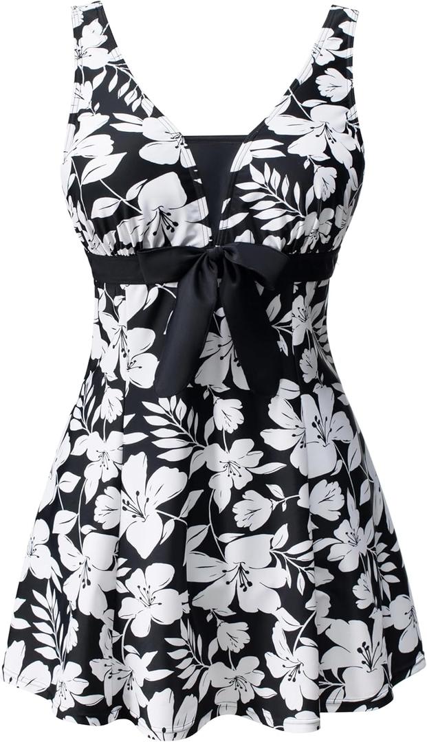 Women's One Piece Swimsuit Plus Size Swim Dress Tie Front V Neck Printed Swimwear Tummy Control Bathing Suit, 26W