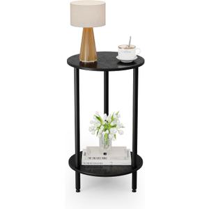 Small Round Side Table, Black Round End Table with Storage, 2-Tier Modern Accent/Bedside Table for Living Room, Bedroom-Black (1PC)