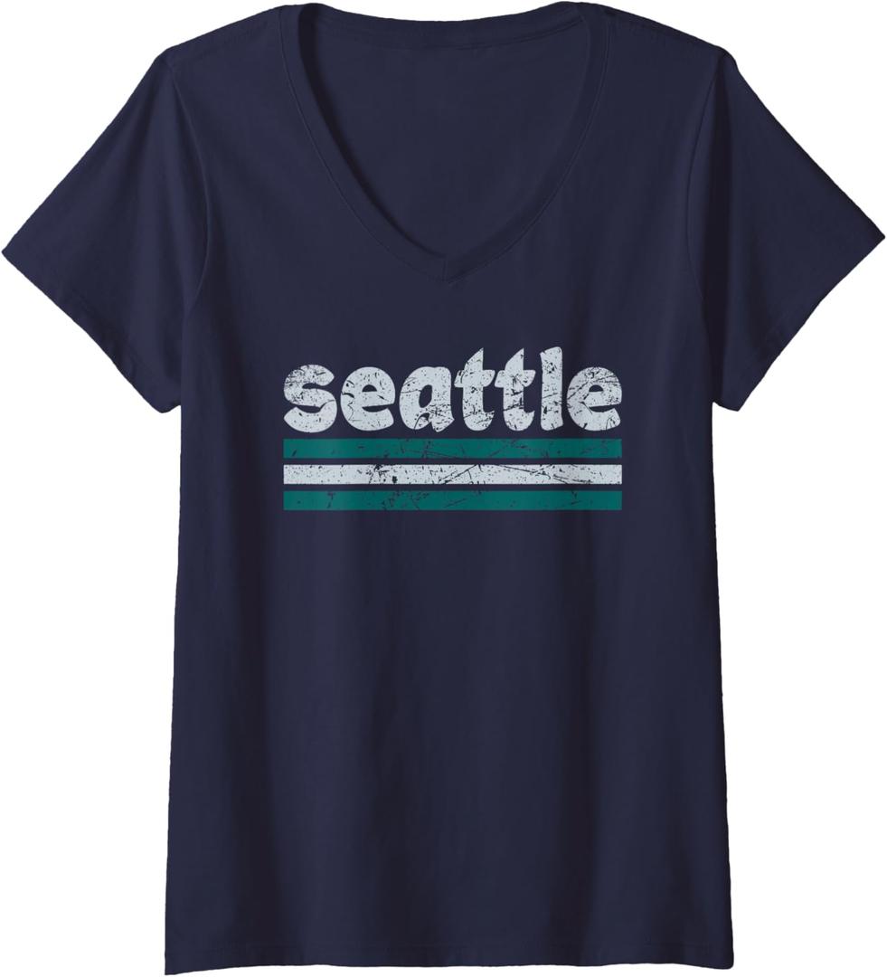 Womens Seattle Washington Three Stripe Vintage Weathered V-Neck T-Shirt, Size S