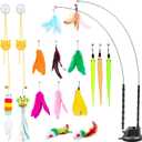 Depets Cat Wand Toy, 15 Pcs Interactive Cat Feather Toys for Indoor Self Play & Exercise, 2 Play Modes Kitten Teaser Wand, Reusable Suction Cup Kitten Toys