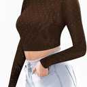 MANGOPOP Women's Short Sleeve Long Sleeve Sheer Mesh Crop Tops Tee Shirt Blouse (Brown, M)