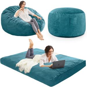 Bean Bag Chairs for Adults - Giant Bean Bag Chair Convertible Bean Bag Bed - Beanbag Chair with Micro Fiber Cover/Furniture Foam Filler - Floor Couch Sofa in Bedroom Dorm Room - Queen Lake Blue