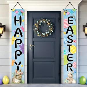 Easter Bunny Porch Banner, Carrot & Egg Front Door Decoration, Spring Welcome Flag for Outdoor Home Decor