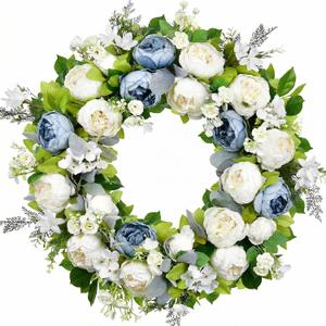 Spring Wreath for Front Door 22-24 Inch, Peony Blue White Wreath, Summer Floral Chaplet, Rose Hydrangea Full Handmade Door Wreaths for Outdoor All Season, Wall and Window Decor