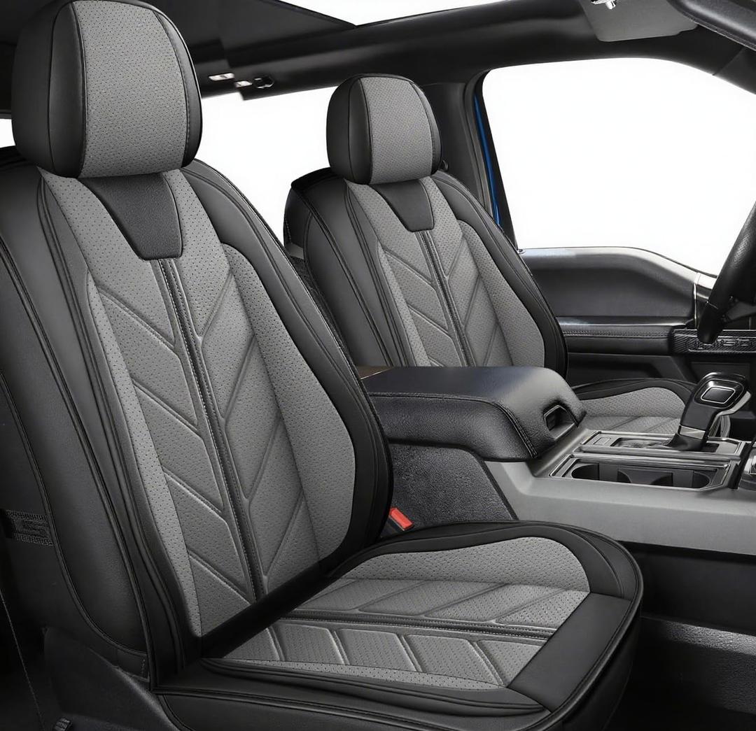 Truck Seat Covers Compatible with Ford F-150 2009-2025 XL XLT Lariat King Ranch Platinum Tremor Pickup Faux Leather Cushion Protector Fit Ford F150 Crew Cab(Black+Gray, Front Seat)
