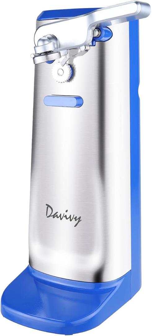 Davivy Electric Can Opener, One Touch Lid Opening, Removable Stainless Steel Cutter and 3-in-1 Design, with Sharpener and Bottle Opener, Stainless Steel-Blue)