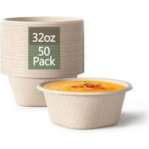 Homestockplus 32 Oz Deep Disposable Bowl, Paper Bowls Disposable Heavy Duty Compostable Bowls, Eco-friendly Sugarcane Bagasse Biodegradable Bowl for Soup, Salad, Dessert [50 Pack]