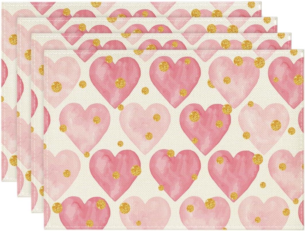 Artoid Mode Polka Dot Golden Heart Love Placemats Set of 4, 12x18 Inch Anniversary Table Mats for Party Kitchen Dining Decoration