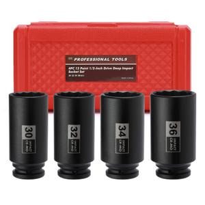 Mayouko 4PCS 1/2" Drive Deep Axle Nut Impact Socket Set, CR-MO, 12 Point Design, Metric, 30,32,34,36mm, 1/2 Inch Extra Deep Impact Socket