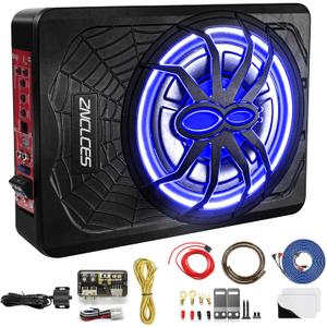 2025 Upgraded 10"1200W Slim Under Seat Powered Car Subwoofer, Car/Truck Sub Built in Amplifier for outstanding Heat Dissipation, Powerful bass and Blue LED Ambient Light enjoy Audio Experience