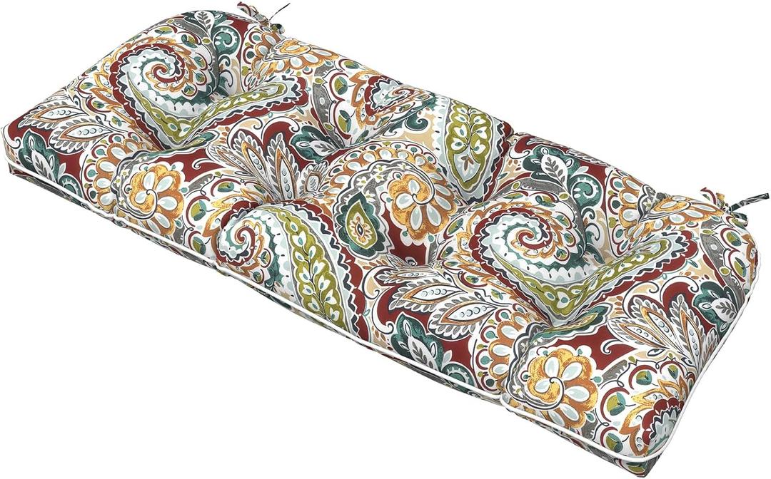 Tufted Bench Cushion 44 x 19 x 5 Inch, Waterproof Patio Loveseat Cushion for Outdoor Furniture, Garden, Swing Cushion, Paisley Chilli