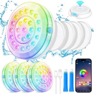 Homly Rechargeable Submersible Pool Lights with Wireless APP Control, Waterproof Underwater Smart LED Lights Controlled Multiple Lighting Modes, 4000mAh Magnets Light for Multi Scene Pool Decoration