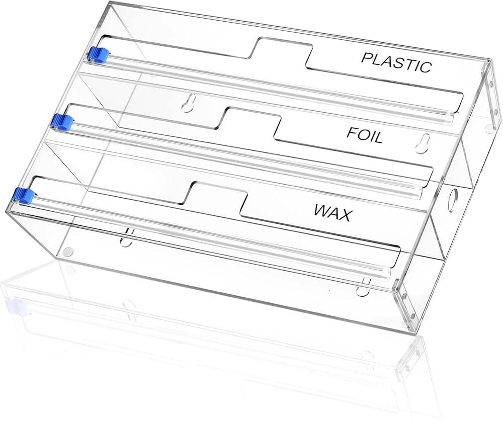 Acrylic Wrap Dispenser with Cutter, 3 in 1 Kitchen Roll Holder Drawers Organizer Box for Plastic Wrap, Parchment Paper, Aluminum Foil Or Wax Paper