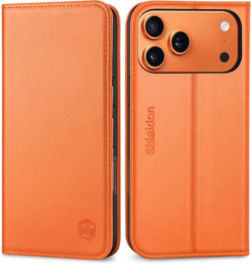 SHIELDON Real Leather Wallet Case for iPhone 17 Pro Max 6.9" 5G 2025 | Kickstand, RFID Blocking Credit Card Holder, Magnetic Closure, Folio, Shockproof Protective Phone Cover - Orange