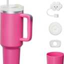 KISSKIND 40 oz tumbler with handlel and Straw Hot Pink Cup Lid Leak-proof Silicone Boot Straw Cover Cap Hot Pink Tumbler Stainless Steel Water Bottle Insulated Cup for Hot Cold Beverages