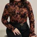 WDIRARA Women's Plus Size Floral Jacquard See Through Mesh Top Lace Mock Neck Long Sleeve Shirts (Brown, XL)
