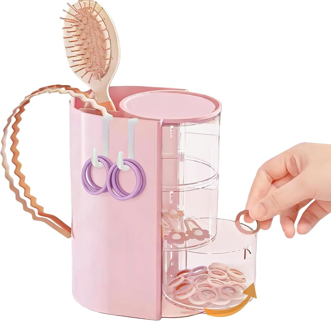 Hair Accessories Organizer with 2 Hooks,3-Layer Rotatable Hair Tie Organizer With Hair Brush Holder,Vanity Organizers For Girls (Pink)