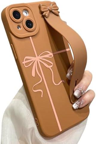 jueaes for iPhone 14 Case with Wrist Strap Elegant Bow Ribbon Design with Adjustable Wristband Kickstand Shockproof Soft TPU Camera Protection Phone Cover for Women Girls - Brown Ribbon